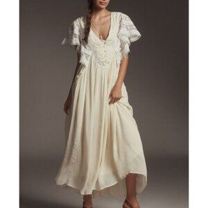 Anthropologie V Neck Flutter Sleeve Midi Dress Womens M Cottage Prairie Vintage